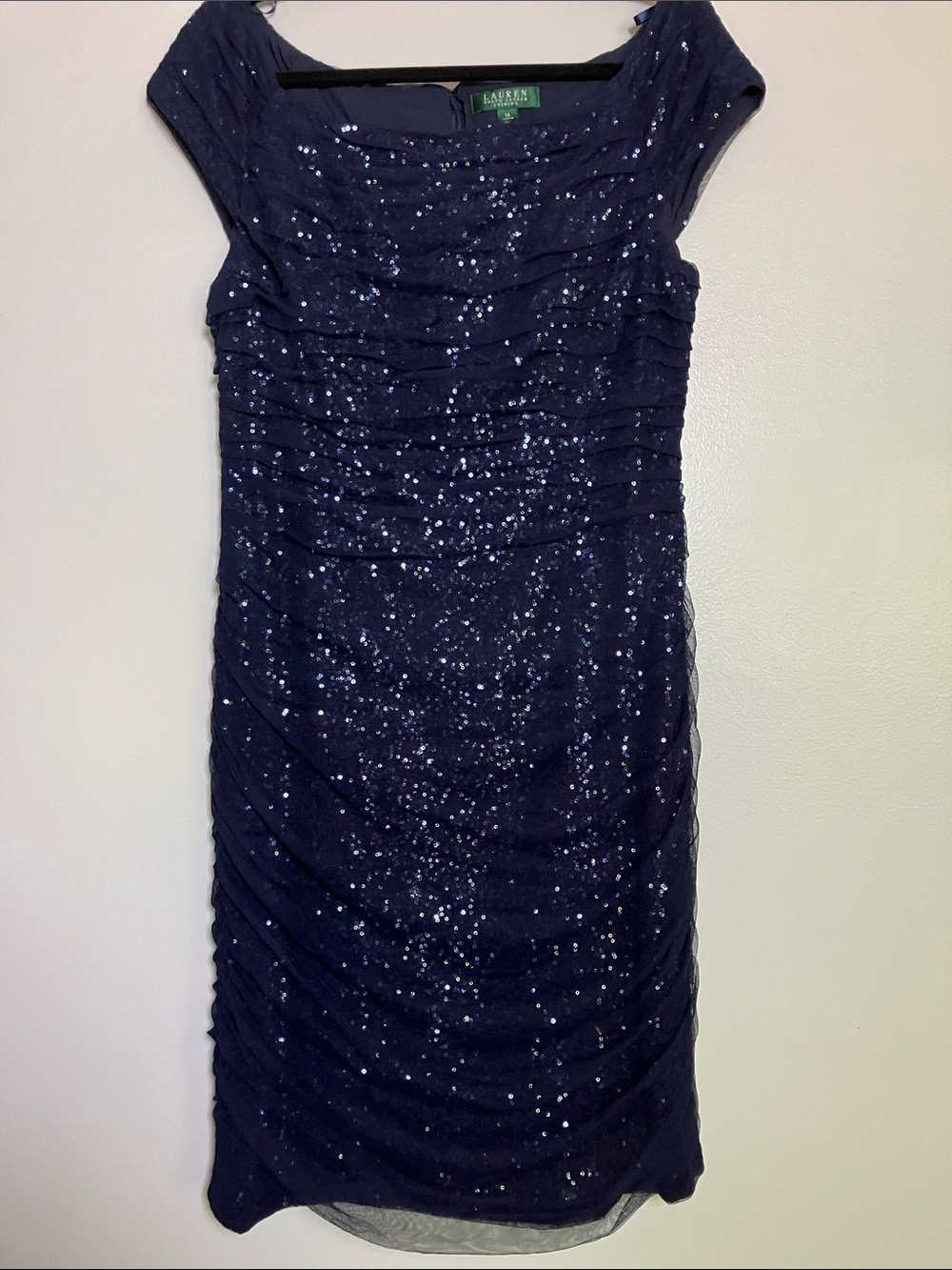 Lauren Ralph Lauren Navy Sequin Ruched Midi Dress